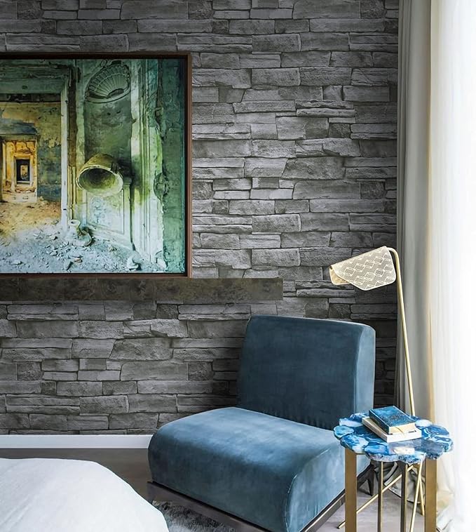 Timeet 17.7" x 393" 3D Grey Stone Wallpaper Peel and Stick Brick Self Adhesive Wall Paper Removable Waterproof Contact Paper for Bedroom Living Room Decor Vinyl Film Roll