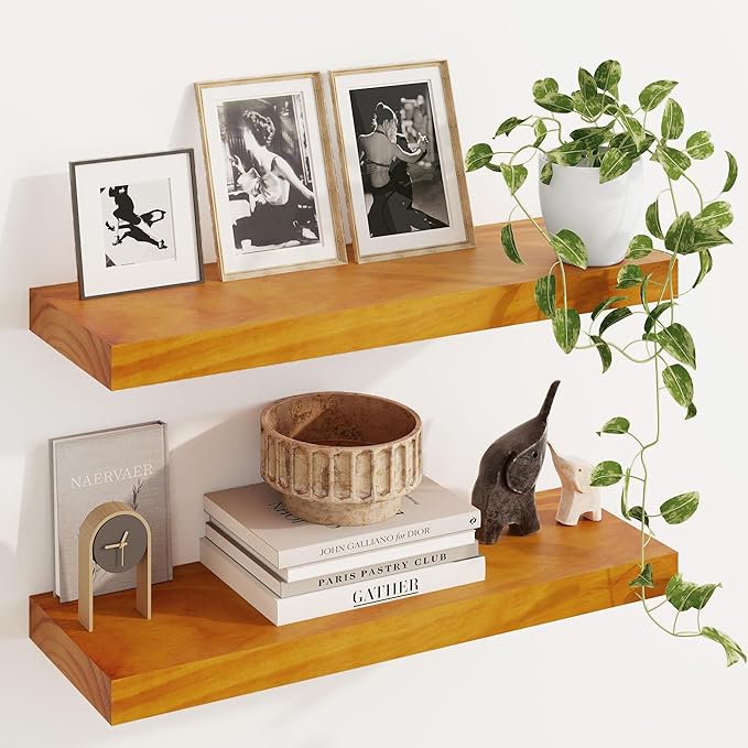 Fun Memories Wood Floating Shelves Set of 2, Rustic Pine Wood Floating Shelves for Wall Mounting, Wide Wall Shelf for Home Decor and Storage, 24