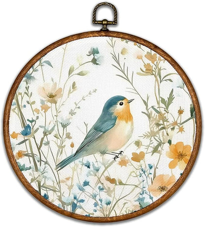 KSDUT Retro Aesthetic Floral Bird Wall Art Decor - Botanical Neutral Mid Century Modern Wall Art Canvas Frame Hanging Prints, Vintage Landscape Round Wall Art Decor for Home Decorations 10"x10"