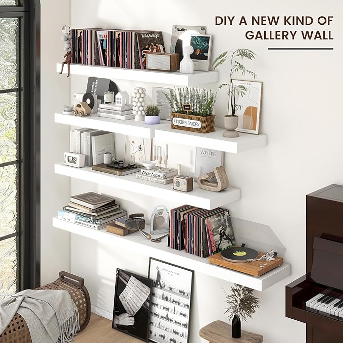 Floating Shelves for Wall, 24 Inch Wide x 12 Inch Deep Floating Shelves, Long Wood Floating Wall Shelf Shelves for Living Room Bathroom Bedroom Kitchen Home - (White, 24" W x 12" D x 2" H)