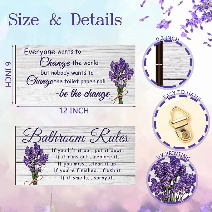 Jetec 2 Pieces Funny Bathroom Signs Bathroom Wall Decor Toilet Wall Accessories Farmhouse Toilet Rustic Wooden Signs, 12x6 Inch(Lavender Style)