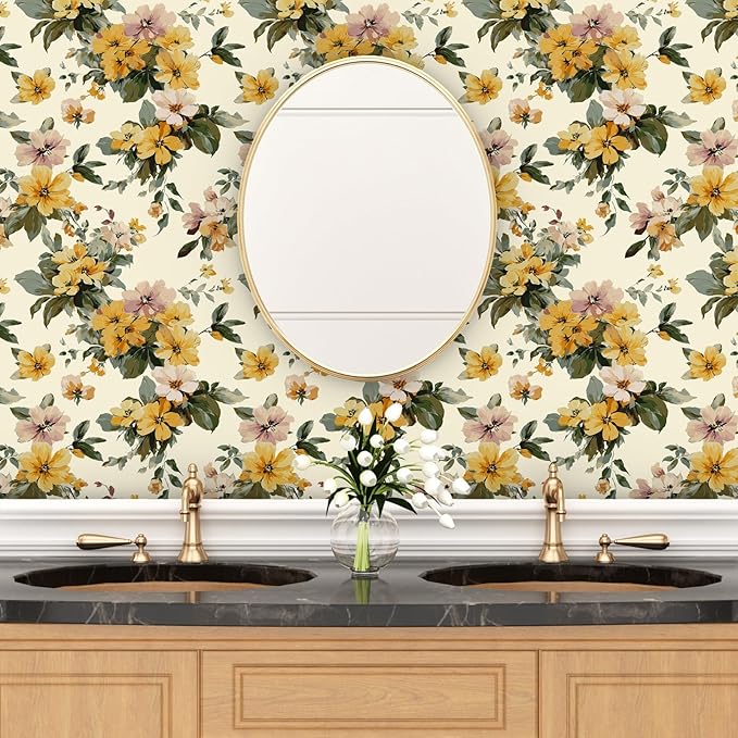Yellow Floral Wallpaper Peel and Stick, Vintage Botanical Contact Paper 17.5" x 118", Retro Flower Wall Paper Self Adhesive Removable Waterproof for Bathroom Bedroom Shelf Cabinet Drawer Table