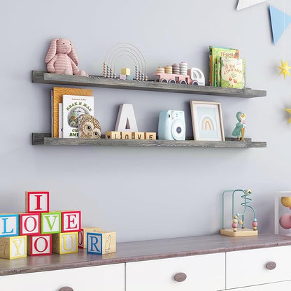 48 Inches Long Floating Shelves for Wall, Solid Pine Wood Picture Ledge Shelves, Wall Shelves with Lips, Nursery Book Shelves for Toys Storage Living Room Bedroom Photo Frames (2 Pcs, Grey)