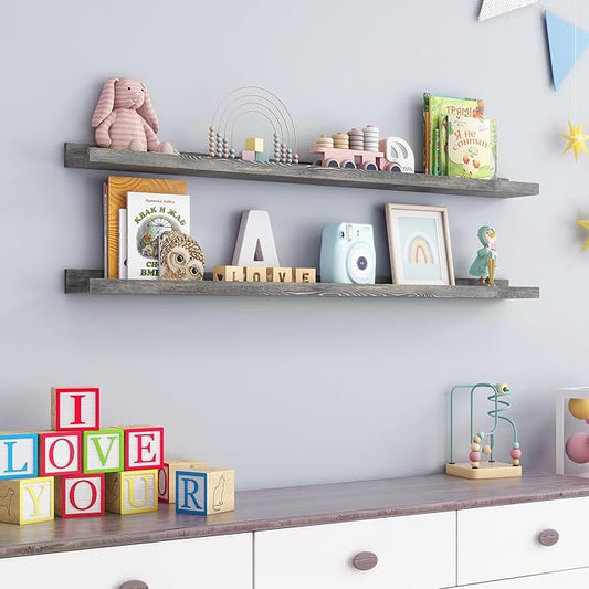 48 Inches Long Floating Shelves for Wall, Solid Pine Wood Picture Ledge Shelves, Wall Shelves with Lips, Nursery Book Shelves for Toys Storage Living Room Bedroom Photo Frames (2 Pcs, Grey)