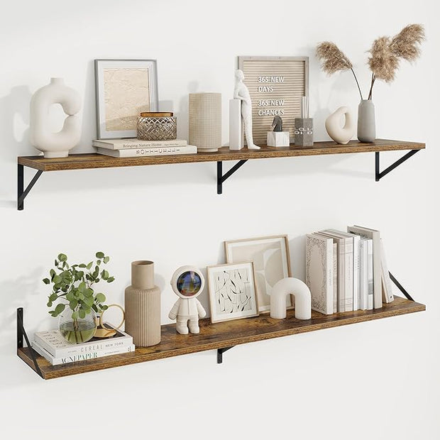 Axeman Deep Floating Shelves | 55 Inch Brown Wall Shelves Set of 2 | 10 Inch Deep Wood Floating Shelves for Wall | 55" W x 10" D Rustic Brown Shelves for Living Room Bathroom Kitchen