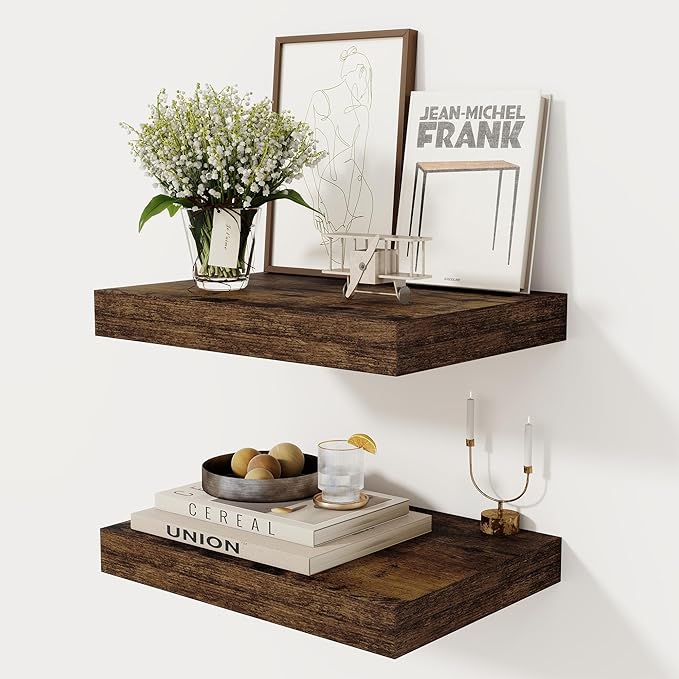 12 Inch Deep Floating Shelves, 16 x 12 Floating Shelf for Books, Rustic Wood Deep Wall Shelves for Home Storage & Display, 2