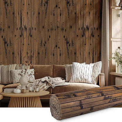 FONUNO Bamboo Wall Panel for Interior Decoration Bamboo Pole Wrap Roll Natural Wainscoting Paneling Decorative Wall Slat Covering for Living Room, Bedroom, Office (48 Inch x 96 Inch, Dark Burned)