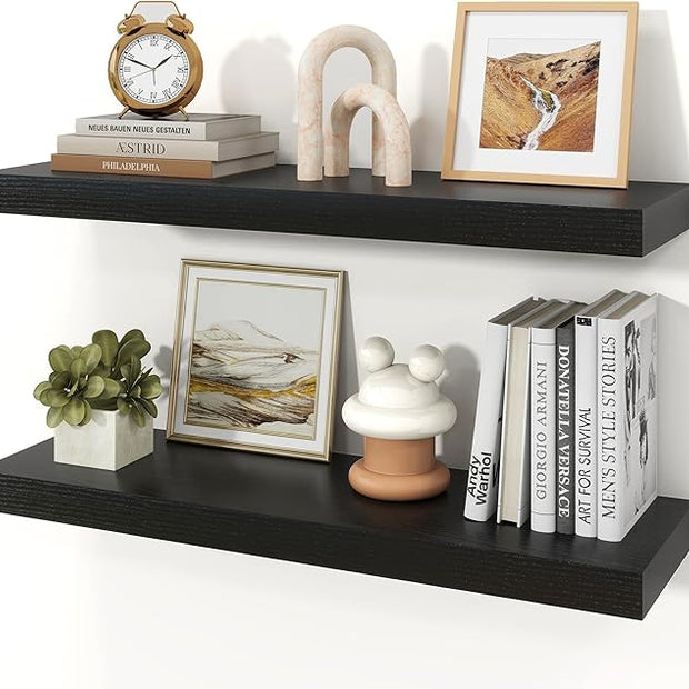 Floating Shelves for Wall, 9.3" Deep Wall Mounted Wood Shelves for Bathroom, Bedroom, Living Room, Kitchen, Hanging Shelf for Books/Storage/Room Decor (Black, 30")
