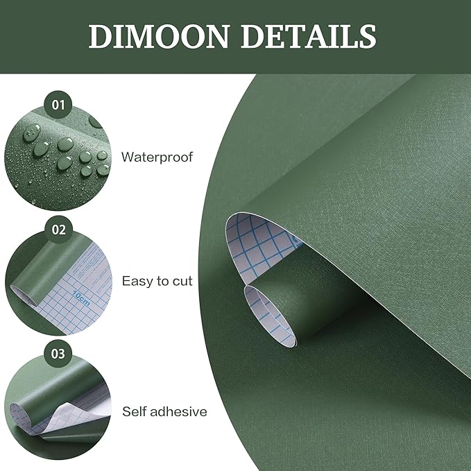 Dimoon 17.7''x118'' Peel and Stick Wallpaper Green Contact Paper for New Environmentally Friendly Materials Thickening Upgrade Embossed Renter Friendly Wall Paper Modern Vinyl Wrap Countertop Bedroom