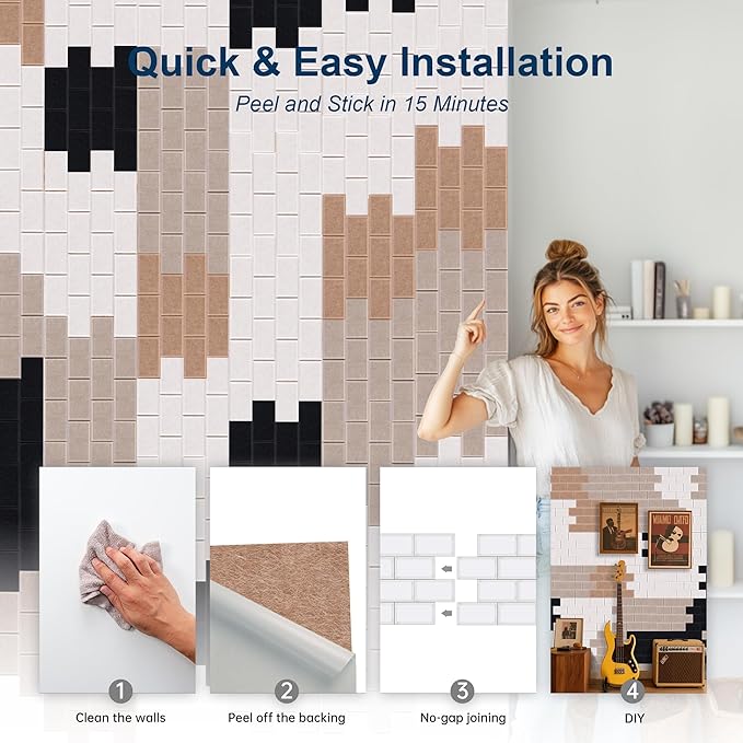 WoveN SounD Brick Acoustic Wall Panels Seamless Visual, High Density, Sound Proof Wall Decor, Noise Blocker Felt Wall Tiles for Home & Focus Zones (Black, Brown, Deep & Light Camel), 16x12x0.4 Inch