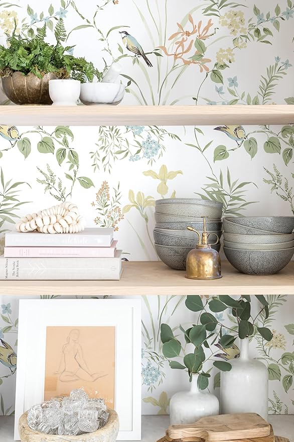 Erfoni 16.9" x118" Boho Floral Peel and Stick Wallpaper Green Floral and Birds Contact Paper DIY Self Adhesive Removable Wallpaper for Livingroom Cabinet Decor Modern Flower Leaf Wall Paper Vinyl Roll