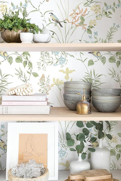 Erfoni 16.9" x118" Boho Floral Peel and Stick Wallpaper Green Floral and Birds Contact Paper DIY Self Adhesive Removable Wallpaper for Livingroom Cabinet Decor Modern Flower Leaf Wall Paper Vinyl Roll