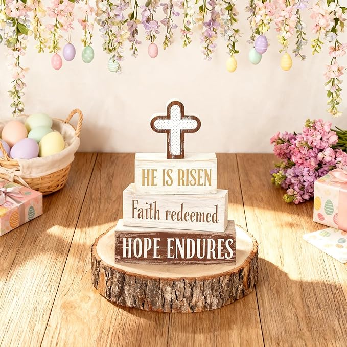 Easter Decorations - He Is Risen Cross Tiered Tray Decor - Faith Redeemed Religious Wooden Tabletop Sign - Farmhouse Easter Christian Home Decor Indoor - Spring Home Decor for Living Room, Kitchen Counter, Seasonal Farmhouse Display