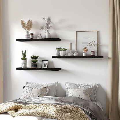 24 Inch Black Wood Floating Shelves for Wall Rustic Wall Shelf for Bedroom Living Room Set of 4