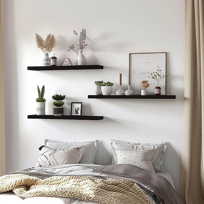 24 Inch Black Wood Floating Shelves for Wall Rustic Wall Shelf for Bedroom Living Room Set of 4
