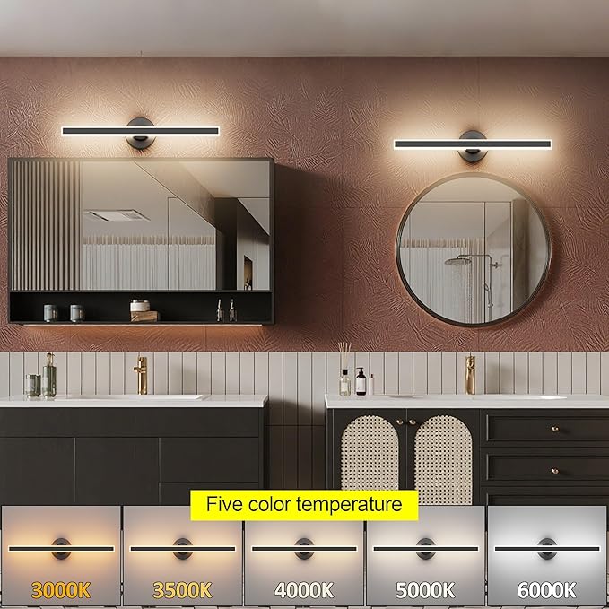 Modern Black Vanity Light, 23.62 inch 5 Colors Wall Sconce Dimmable, LED Bathroom Light Fixtures for Mirror