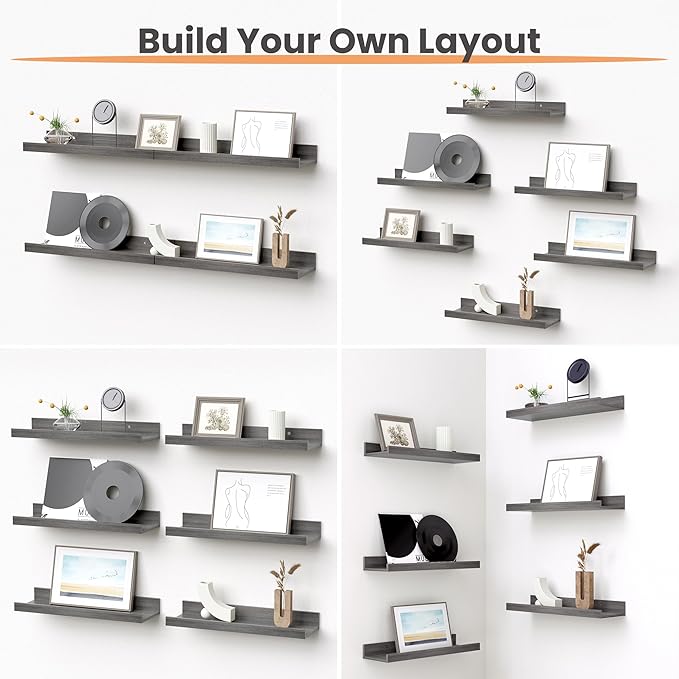 upsimples Floating Shelves for Wall, Wall Shelves for Decor Storage Set of 6, Wall Mounted Wood Shelf for Bedroom, Living Room, Bathroom, Kitchen, Picture Ledge Shelf, Grey