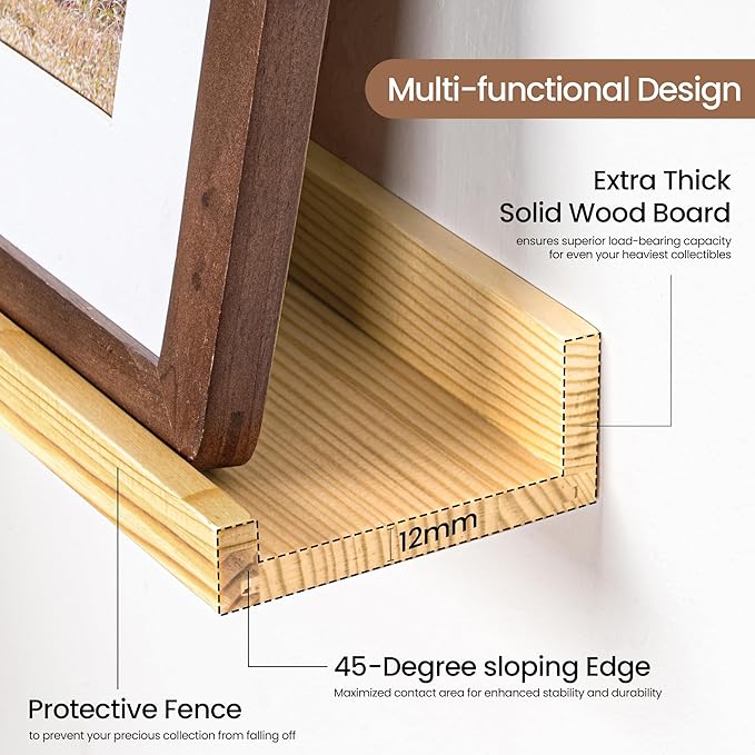 Picture Ledge Shelf, Solid Pine Wood Floating Shelves Set of 2, 36 Inches Nursery Book Shelves for Toys Storage, Kids Bookshelf Wall Mounted for Living Room Bedroom Decor Books Photo Frames, Natural