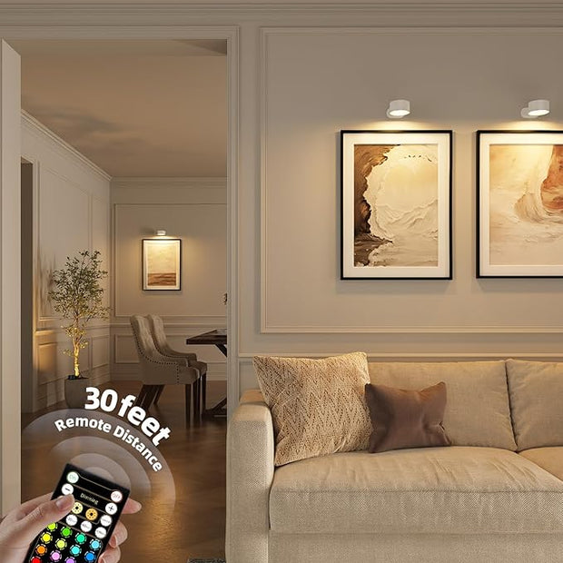 Picture Lights for Wall, 2000mAh Rechargeable Magnetic Art Lights with 3 Color Temps & RGB, Remote Dimmable Battery Operated Wall Light for Bedroom, Living Room, Gallery (White, 6 Pack)