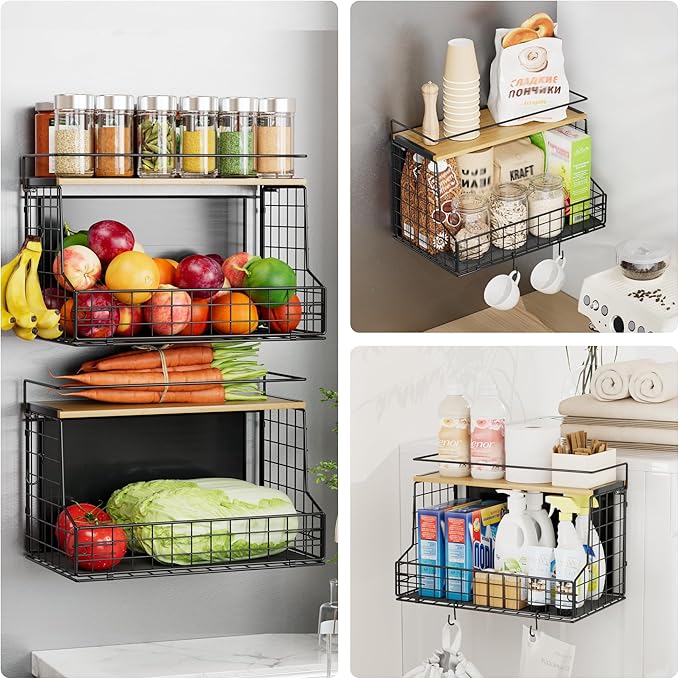 Magnetic Shelf for Fridge 2 Pack, Large Container Magnetic Spice Rack for Refrigerator, Fruit Potato and Onion Storage Bins, Magnetic Basket with Wood Lid, Kitchen Counter, Cabinet