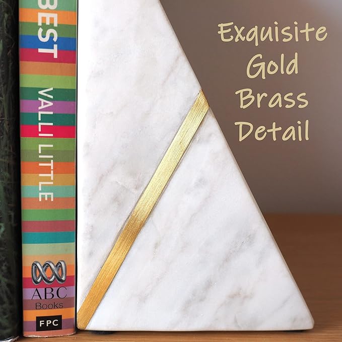 Marble Bookends Handcrafted Heavy Marble Triangular Bookshelf Decor Brass Inlay Set of 2 Decorative Bookends Book Stoppers with Non-Skid Bottom Solid Home Kitchen Office Shelves Triangle