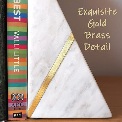 Marble Bookends Handcrafted Heavy Marble Triangular Bookshelf Decor Brass Inlay Set of 2 Decorative Bookends Book Stoppers with Non-Skid Bottom Solid Home Kitchen Office Shelves Triangle