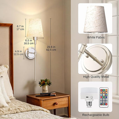 DORESshop Battery Operated Wall Sconce Set of 2, 7 Color Wireless Wall Light Easy to Install, Sconce Wall Decor Set of 2 for Bedroom, Living Room, Fabric Linen Shade, Nickel, 24.6in
