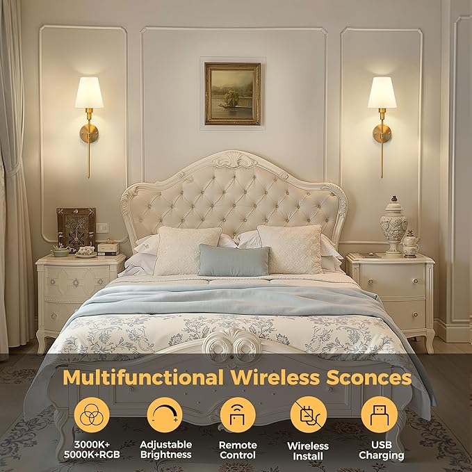 DORESshop Battery Operated Wall Sconce Set of 2, Wireless Wall Light Easy to Install, 15 Color Rechargeable Wall Sconces, Sconce Wall Decor Set of 2 for Bedroom, Living Room, Gold, 24.6in