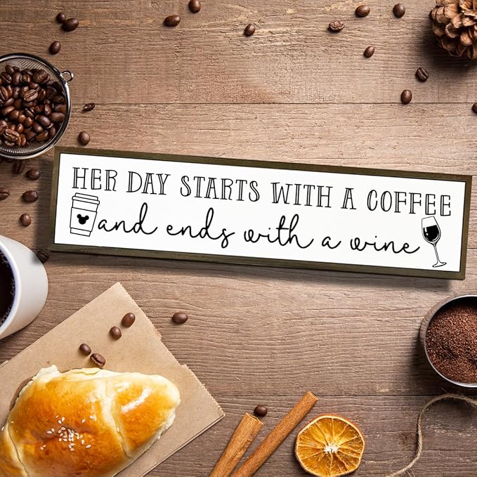 Coffee Wood Signs, Farmhouse Home Kitchen Decor, Rustic Coffees Bar Decors, Wall Decor Art, Her Day Starts with A Coffee & Ends with A Wine Sign, 17.8x4x1.2 inches