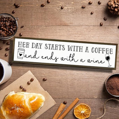 Coffee Wood Signs, Farmhouse Home Kitchen Decor, Rustic Coffees Bar Decors, Wall Decor Art, Her Day Starts with A Coffee & Ends with A Wine Sign, 17.8x4x1.2 inches