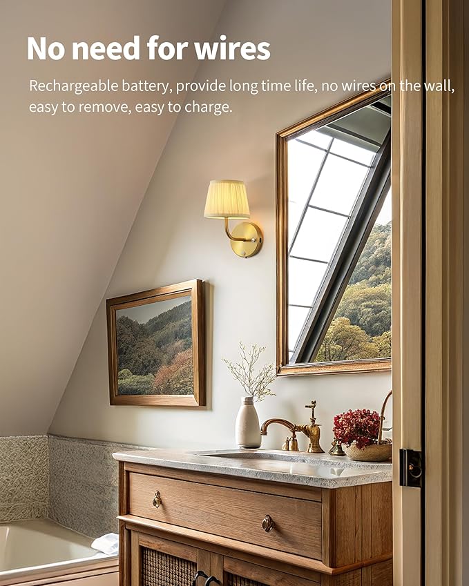 PUSU Motion Sensor Gold H9.6 inch Small Wall Sconces Set of 2, LED Cordless Rechargeable 5200mAh Battery Operated Fabric Wall Lamps with Remote, Lighting for Living Room, Bedroom, Hallway, Stairs
