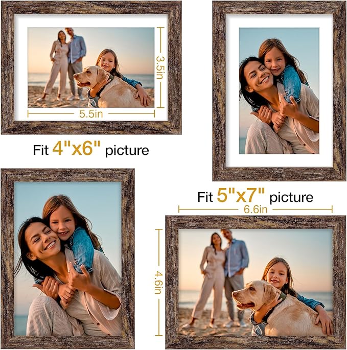 Vittanly 5x7 Picture Frames Set of 4, Display Pictures 4x6 with Mat or 5x7 without Mat, Photo Frames for Wall or Tabletop Display, Engineered Wood with Shatter Resistant Plexiglass, Rustic Brown