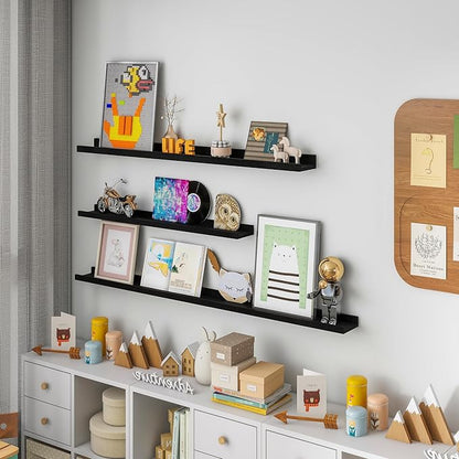 Picture Ledge Shelf for Wall, 24 inch Solid Ash Wood Nursery Book Shelves 2 Packs, Floating Shelves for Kids' Room Bedroom Bathroom Living Room Photo Frames Office Nursey Wall Decor, Black