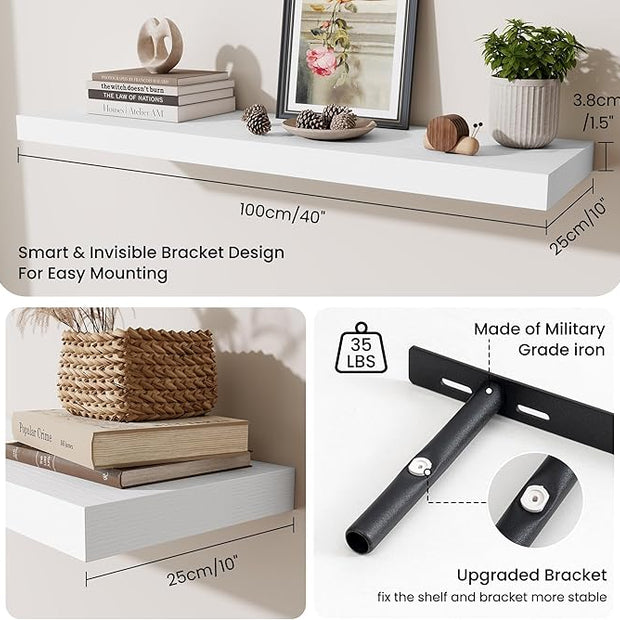 Fun Memories Floating Shelves Set of 2, 40 Inch Long Wooden Wall Shelves, 10 Inch Deep Wall Mounted Storage Shelf with Metal Brackets for Living Room, Bathroom, Bedroom and Kitchen, White