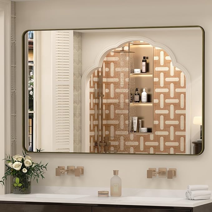 55x36 Bronze Framed Bathroom Mirror, Rectangle Brushed Bronze Metal Vanity Mirror, Large Modern Mirror for Wall, Rounded Corner, Tempered Glass, Anti-Rust, Shatterproof (Horizontal/Vertical)
