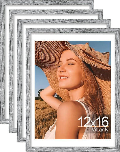 Vittanly 12x16 Picture Frames Set of 4, Display Pictures 11x14 with Mat or 12x16 without Mat, Gallery Frame for Wall Display, Engineered Wood with Shatter Resistant Plexiglass, Grey