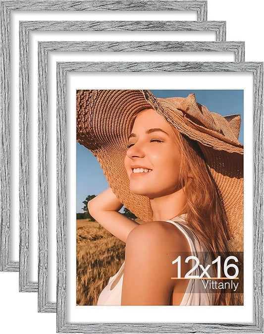 Vittanly 12x16 Picture Frames Set of 4, Display Pictures 11x14 with Mat or 12x16 without Mat, Gallery Frame for Wall Display, Engineered Wood with Shatter Resistant Plexiglass, Grey