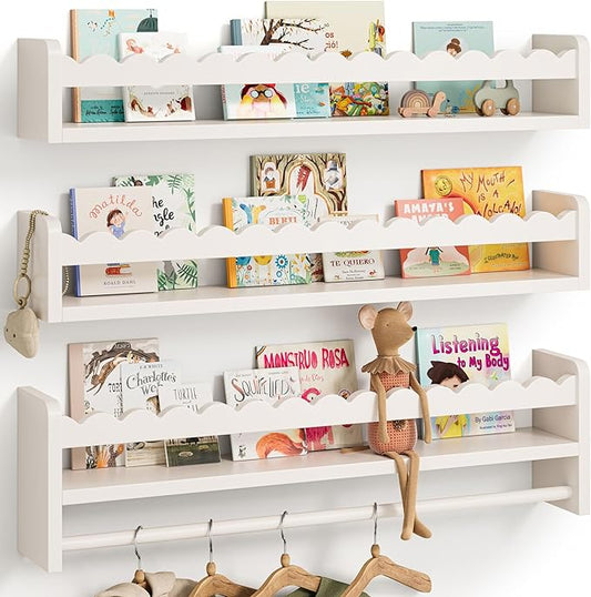 Nursery Book Shelves, Scalloped Shelves, Floating Book Shelves for Wall, Nursery Deocr for Baby, Toddler (White, 23 Inches)