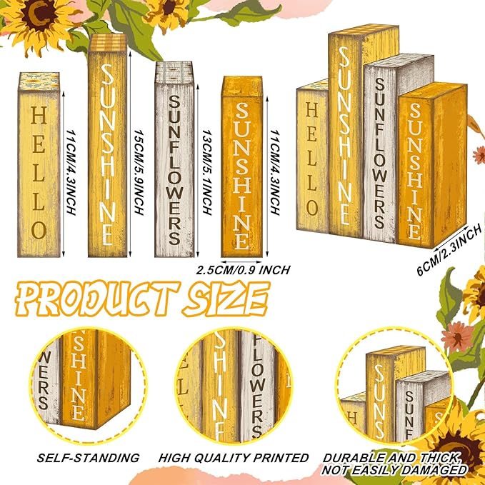 4 Pcs Summer Table Decoration Wooden Book Sunflower Decoration Yellow and White Summer Tiered Tray Decor Wood Book Sign Farmhouse for Home Shelf Coffee Table