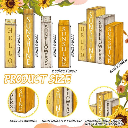 4 Pcs Summer Table Decoration Wooden Book Sunflower Decoration Yellow and White Summer Tiered Tray Decor Wood Book Sign Farmhouse for Home Shelf Coffee Table