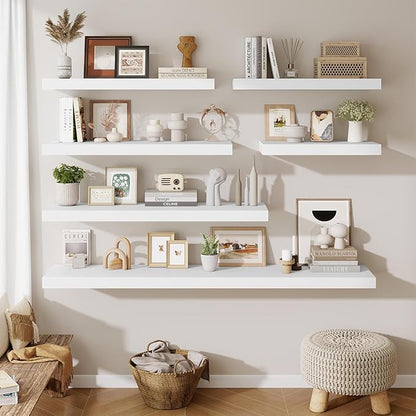 Fun Memories 24 Inch Floating Shelves Wall-Mounted, 12 Inch Deep Wall Shelves, 24 x 12 Floating Shelf, Deep Storage Shelf for Living Room Bathroom Bedroom, White, Set of 2