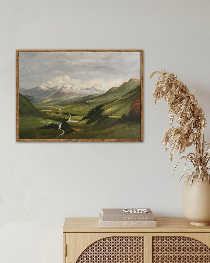 SHENIFY Landscape Vintage Framed Canvas Wall Art Classical Mountain Range Valley Prints Farmhouse Bathroom Office Decor - 11x14in Natural Framed