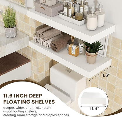 30 Inch Floating Shelves | 12 Inch Deep White Floating Shelves Set of 2 | 30" W x 12" D Rustic Wood Shelves for Wall | Deep White Shelves for Living Room Bathroom Laundry Room Kitchen