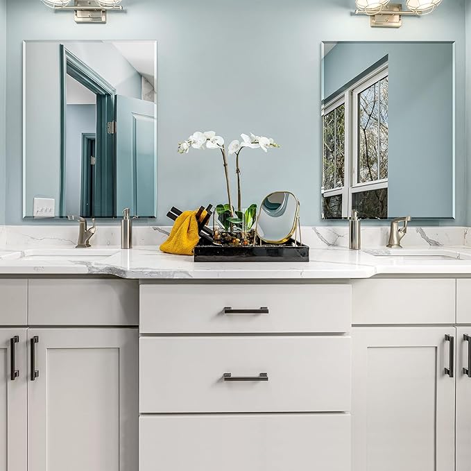 Frameless Bathroom Mirror for Wall, Rectangle Beveled Edge Mirror for Over Sink, Tempered Glass, Shatterproof, Hangs Horizontally or Vertically for Living Room, Entryway, Restroom, 32