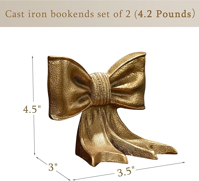 Gold Bow Metal Bookends Set of 2 Heavy Duty Cast Iron Book Ends for Heavy Books Unique Modern Decorative Book Holders for Shelves Home Accent Decor