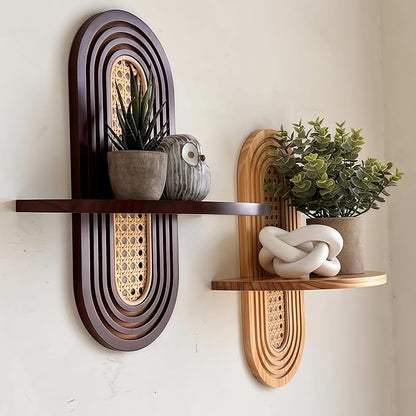 1pc Mid-Century Modern Wall Shelf - Arched Wood & Woven PE Rattan Boho Decorative Floating Shelf, Vintage Aesthetic Decor for Living Room, Bedroom, Kitchen & Home Office (Natural)