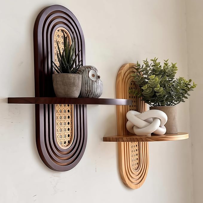 1pc Mid-Century Modern Wall Shelf - Arched Wood & Woven PE Rattan Boho Decorative Floating Shelf, Vintage Aesthetic Decor for Living Room, Bedroom, Kitchen & Home Office (Walnut)