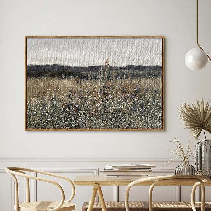 InSimSea Framed Canvas Wall Art Vintage Decor, Landscape Wall Art, Meadow with Flowers Art, Modern Farmhouse Decor, Cottagecore Bedroom Bathroom Office Decorations, 24
