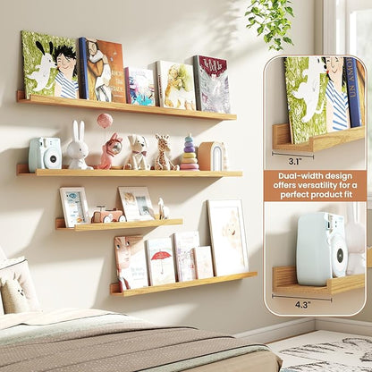 Fun Memories Picture Ledge Shelves Set of 4, 36 Inch Rustic Wall Mounted Floating Shelves with Lip for Home Storage and Décor in Bathroom, Kitchen, Nursery, Bedroom, Living Room, Oak