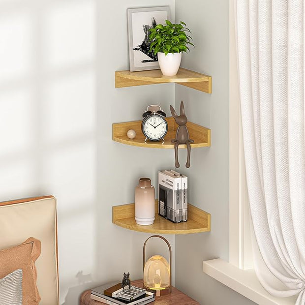 Fun Memories Corner Shelf Wall Mount, Wood Floating Corner Shelves, Corner Wall Shelf for Bedroom, Bathroom, Kitchen, Living Room (Oak, 3 Pack)